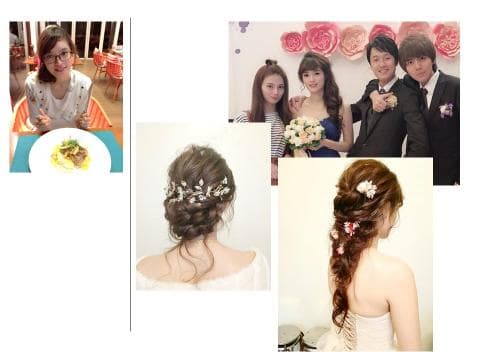 這張「婚禮」的照片是三個女生，其中一個女生正在看著鏡頭，她戴著頭飾，另一個女生拿著捧花，另外一個女生是新娘，她正在穿婚紗，還有一對新郎新娘的伴郎伴娘。