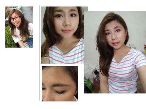 這張照片是三個女生，其中一個女生穿著橫條紋上衣，她的笑容和眼睛最吸引人。