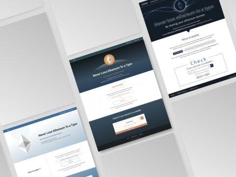 這張照片是四個網站的截圖，其中一個網站強調「永遠不要因為打錯字而損失以太幣」，並提供一個工具來檢查您的以太幣域名是否可用。