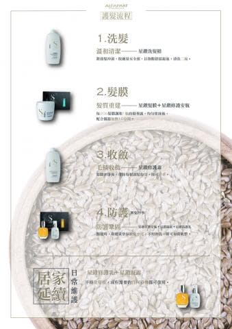 這張照片是一個廣告，主要展示的是一碗米，背景是產品的介紹，像是洗髮、護髮、修護、防護等步驟。