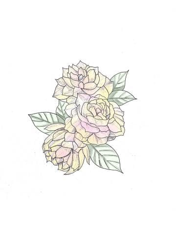 這張照片是三朵用鉛筆畫的玫瑰花，它們的花瓣看起來很柔軟，花心是粉色的，花瓣是黃色的。