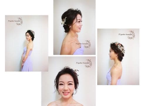這張「新娘造型」的照片是三個不同角度的新娘髮型，她們都戴著美麗的花飾，以及優雅的禮服。