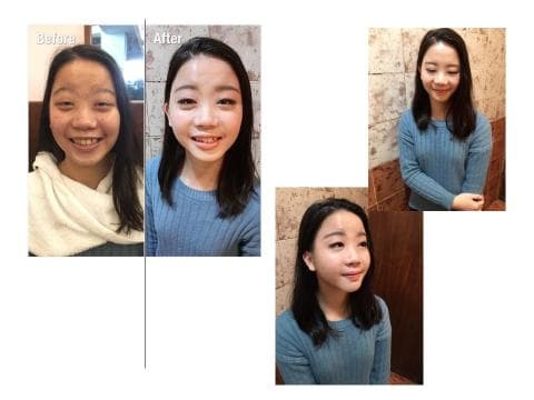 這張「化妝前後對比」的照片是兩個女生，一個化妝前，一個化妝後，她們都穿著藍色的衣服。