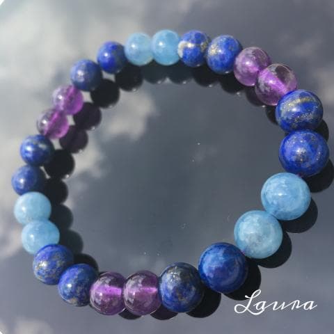 這張「藍色和紫色珠子手鍊」的照片是，由藍色、紫色和藍綠色的珠子串成的手鍊，看起來很漂亮。