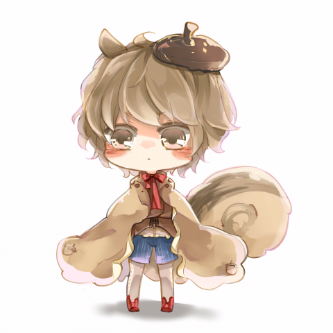 這張照片是一個穿著棕色外套、戴著栗子帽的可愛小松鼠。