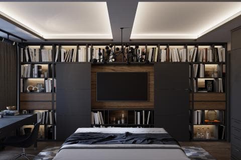 這張照片是一間現代化的臥室，最顯眼的是一面巨大的書架牆，從牆壁延伸到天花板，上面擺滿了各式各樣的書籍。
