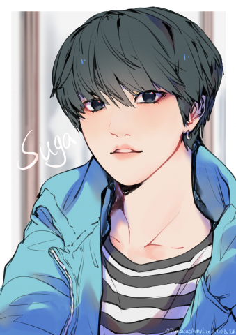 這張照片是一個年輕人的肖像畫，他穿著一件藍色夾克，裡面是條紋襯衫，看起來非常帥氣。