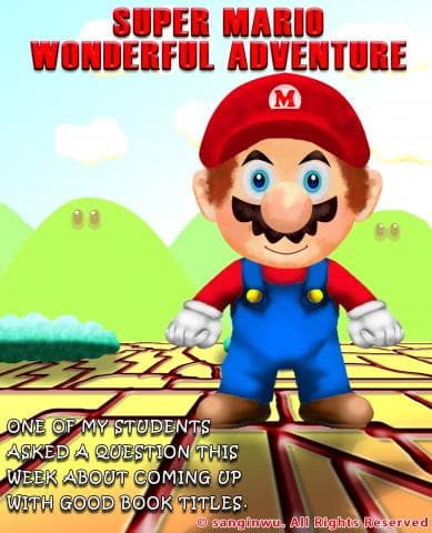 這張照片是一個站在馬利歐世界裡的馬利歐。他穿著紅色的上衣和藍色的褲子，帽子上有著一個字母M。