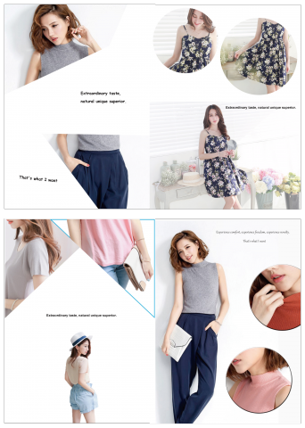 這張照片是一個服裝廣告，最重要的部分是中間的女性模特穿著灰色無袖上衣和深藍色的長褲，看起來時尚又舒適。