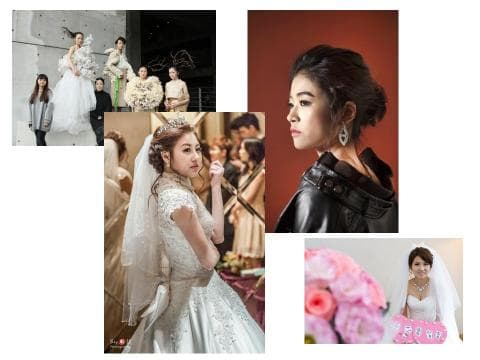 這張「婚紗照」的照片是一個新娘穿著婚紗，旁邊有其他的照片，包括穿著皮衣的女郎和結婚典禮的照片。
