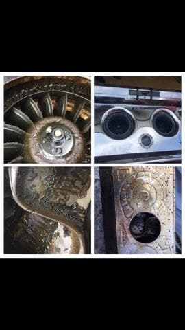 這張照片是四張不同角度的圖片，顯示了一個機器內部的零件，這些零件表面都有著大量的鏽蝕，表明這個機器可能已經老舊，需要維修。