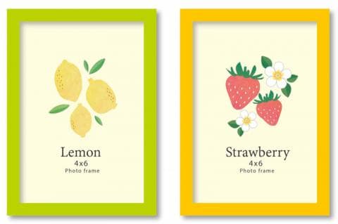 這張照片是兩個相框，左邊的相框裡是檸檬，右邊的相框裡是草莓。