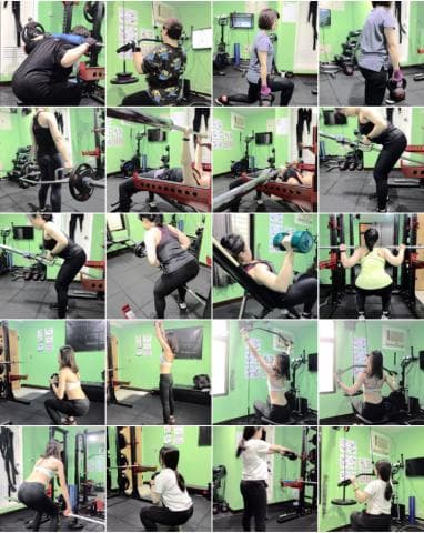 這張照片是一個健身房，裡面有很多不同的人在使用不同的健身器材。其中最重要的是在照片正中間的兩個女性，她們正在使用一個拉力器進行鍛鍊，她們的身體線條非常漂亮，展現出她們努力健身的成果。