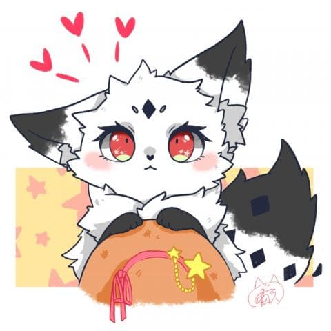 這張照片是一隻可愛的白色小狐狸，它正抱著一個橘色的包包，包包上有一條粉紅色的緞帶和一個金色的星星。