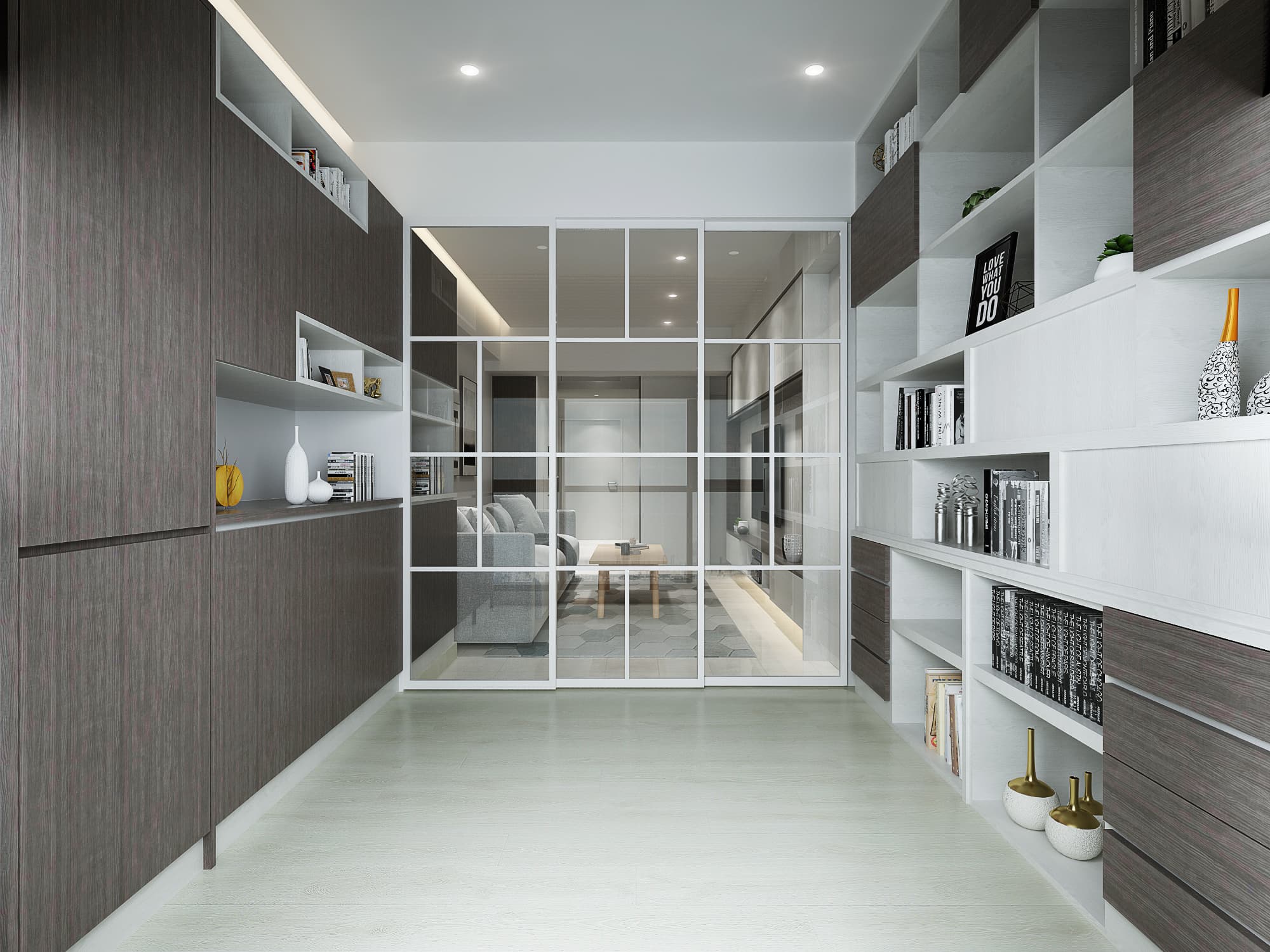 這張照片是現代化的書房，其中一個焦點是牆壁上的大型書架。書架上擺滿了書籍和裝飾品，展現了屋主的品味和愛好。