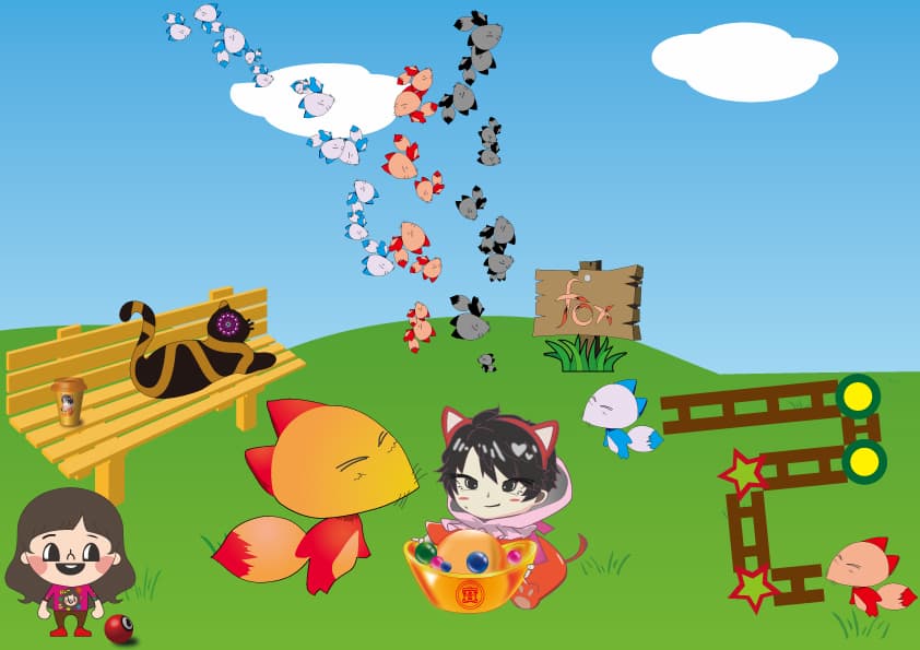 這張照片是一個以卡通風格繪製的場景，畫面中央有一個戴著紅帽子的女孩正在拿著一個裝滿金色硬幣的箱子。