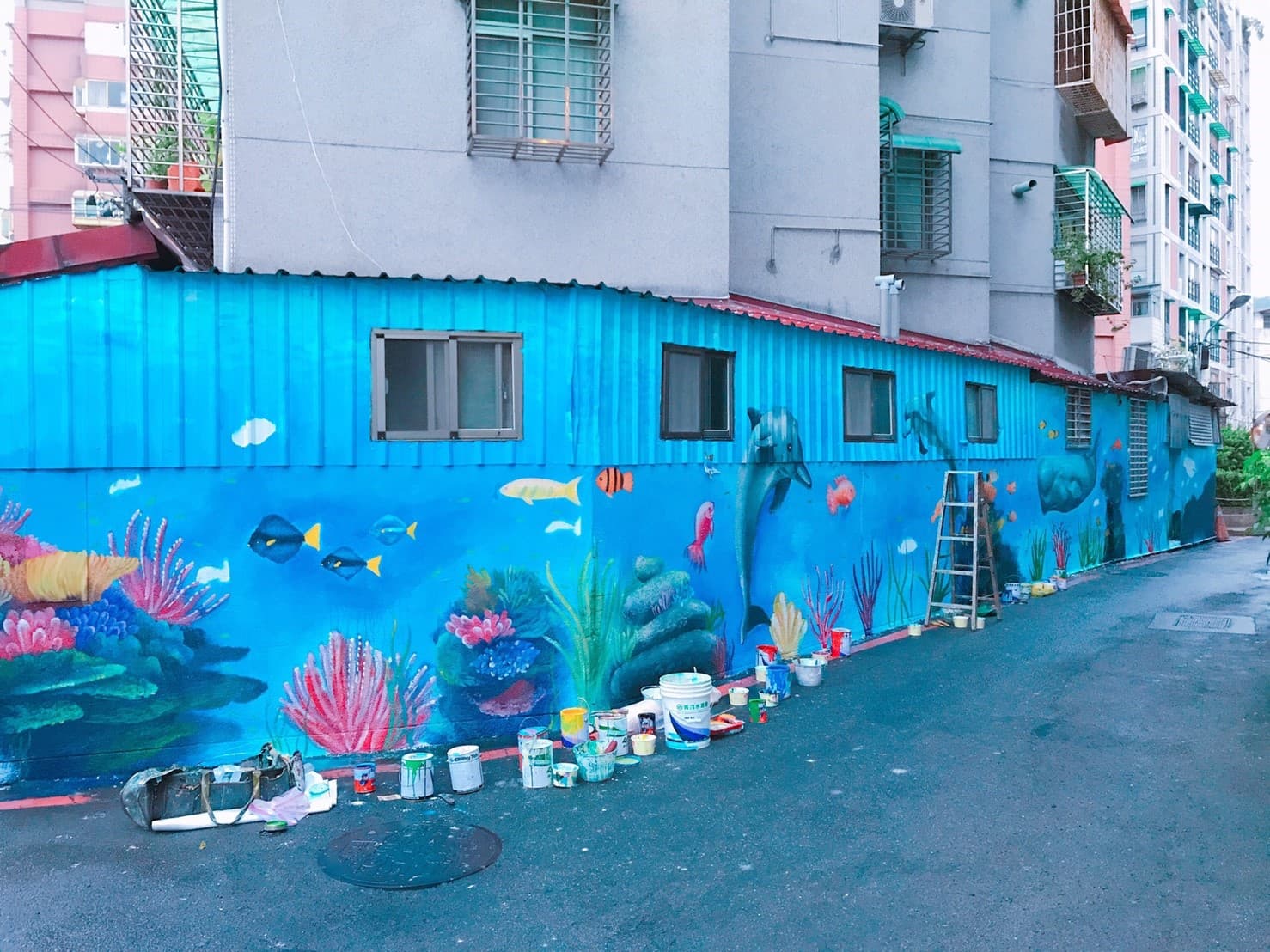 這張「牆壁彩繪」的照片是一棟建築物的側面，牆上繪製了海洋生物，包括魚、海豚和珊瑚礁，看起來非常生動。