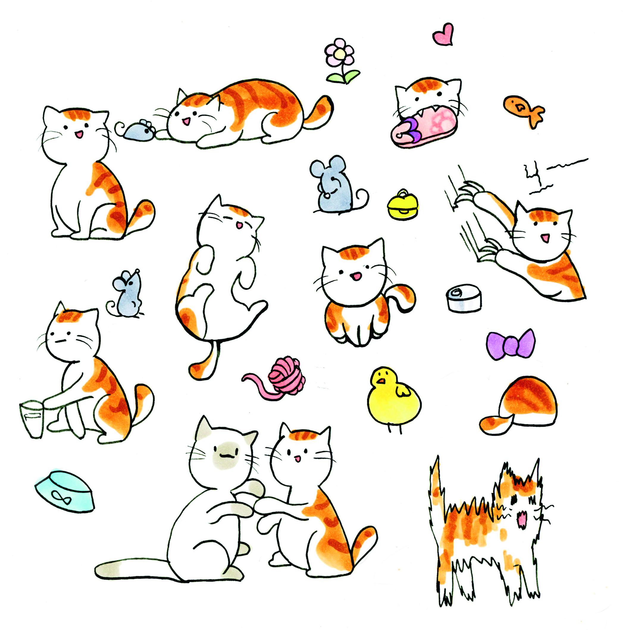 這張照片是許多可愛的貓咪在玩耍。其中，一隻橘白相間的貓咪正在玩一卷毛線，看起來非常開心。