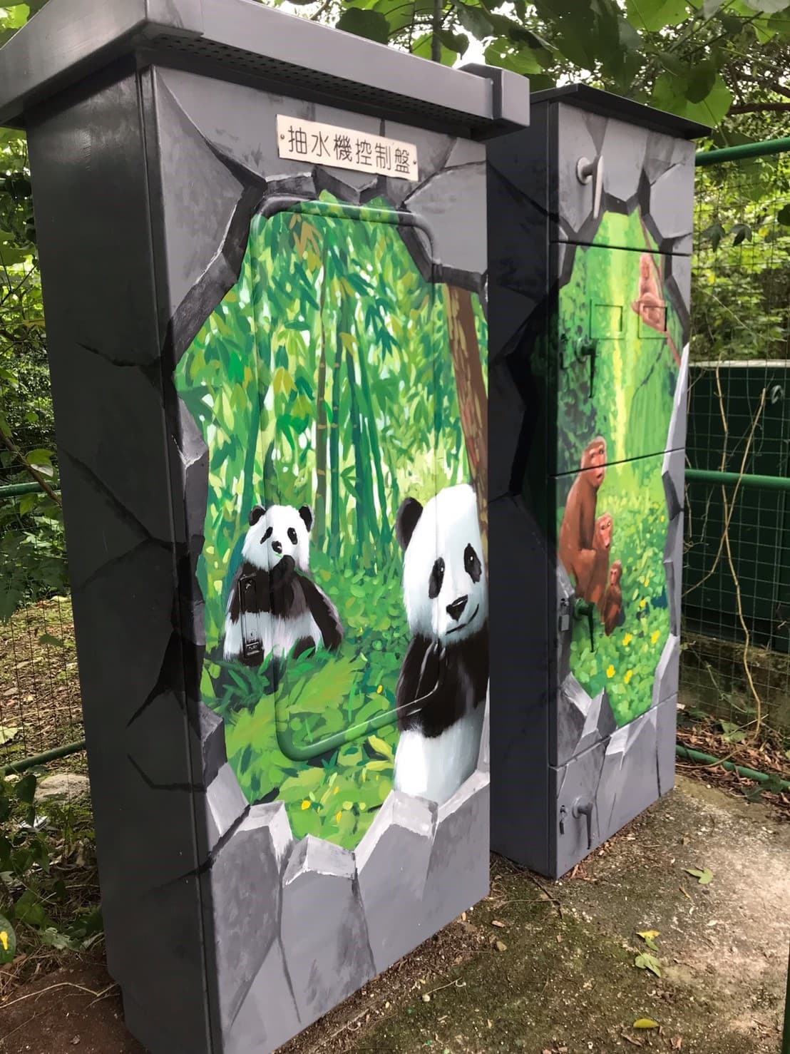 這張「兩個電箱」的照片是，兩個電箱上都繪有藝術圖案，其中一個電箱上畫著一隻大熊貓，一隻小熊貓，還有許多綠色竹子，另一個電箱上畫著一隻猴子在樹上攀爬。