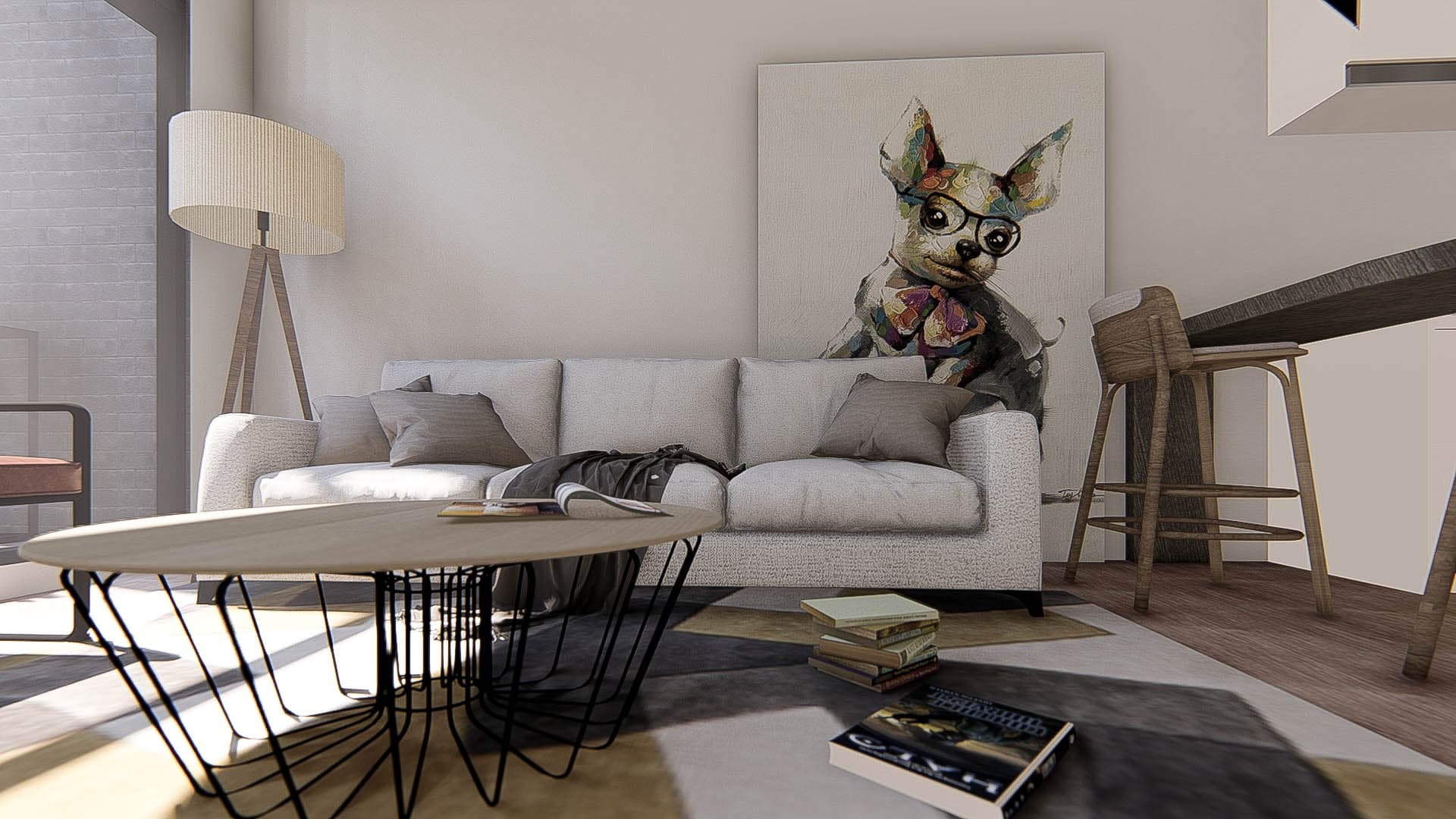 這張「客廳」的照片是一個現代化的客廳，有一張白色沙發，一張黑色金屬咖啡桌和一盞落地燈。沙發上放著一些抱枕，牆上掛著一幅畫，畫的是一隻戴著眼鏡的狗狗。