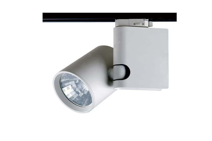 這張「軌道燈」的照片是一個白色的燈具，可以旋轉，並有黑色的軌道。