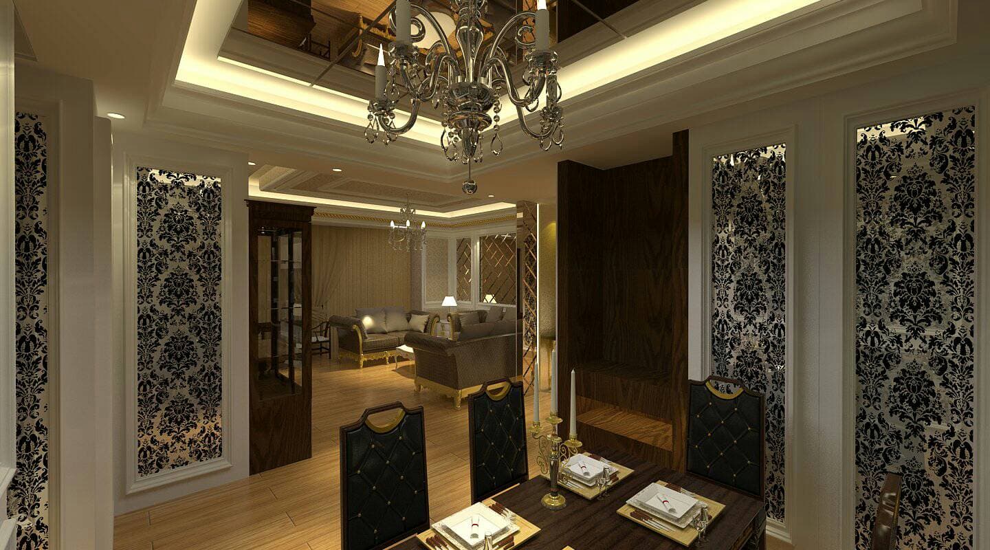 這張「餐廳」的照片是一個豪華的餐廳，有精美的吊燈、木質地板和雕花隔板，整體風格古典優雅。