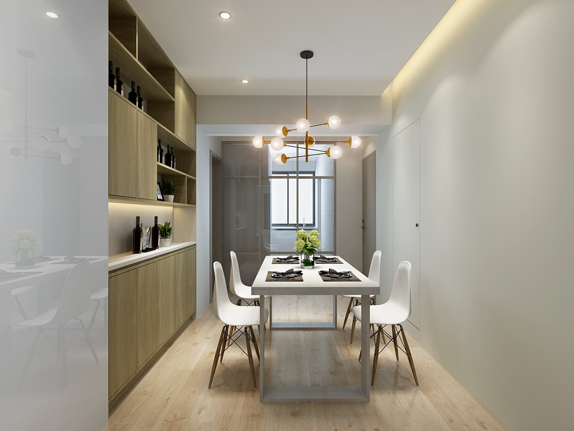 這張「現代簡約風格的餐廳」的照片，顯示了木製餐桌和四張白色椅子，天花板中央裝飾著金色的吊燈，牆壁採用淡色系設計，整體空間明亮舒適。