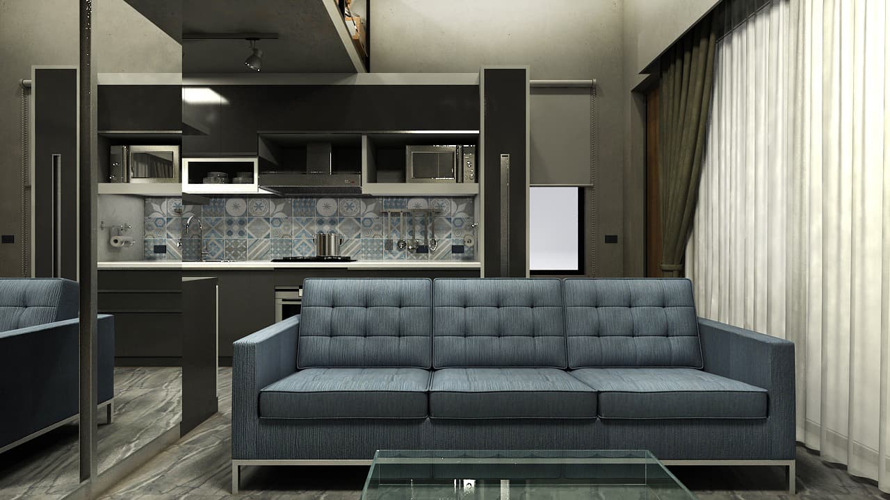 這張「客廳」的照片是一個現代化的住宅，有深色的櫥櫃和一個舒適的藍色沙發。