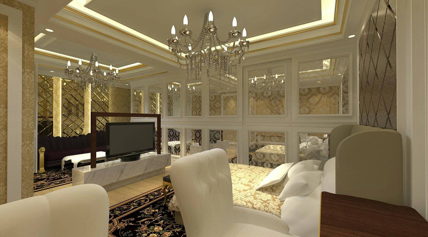 這張「奢華臥室」的照片是一個裝飾精美的房間，有著華麗的吊燈、鏡面牆、舒適的沙發和一張鋪著精緻床單的床。房間裡佈置著華麗的傢俱，營造出奢華的氛圍。