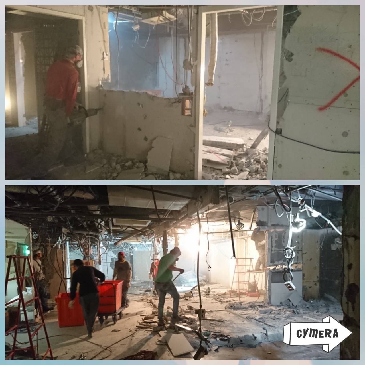 1) 這是一張建築物拆除的施工現場的照片，照片中可以看到建築物內部的牆壁和天花板都被拆掉了，地上有很多碎石和灰塵