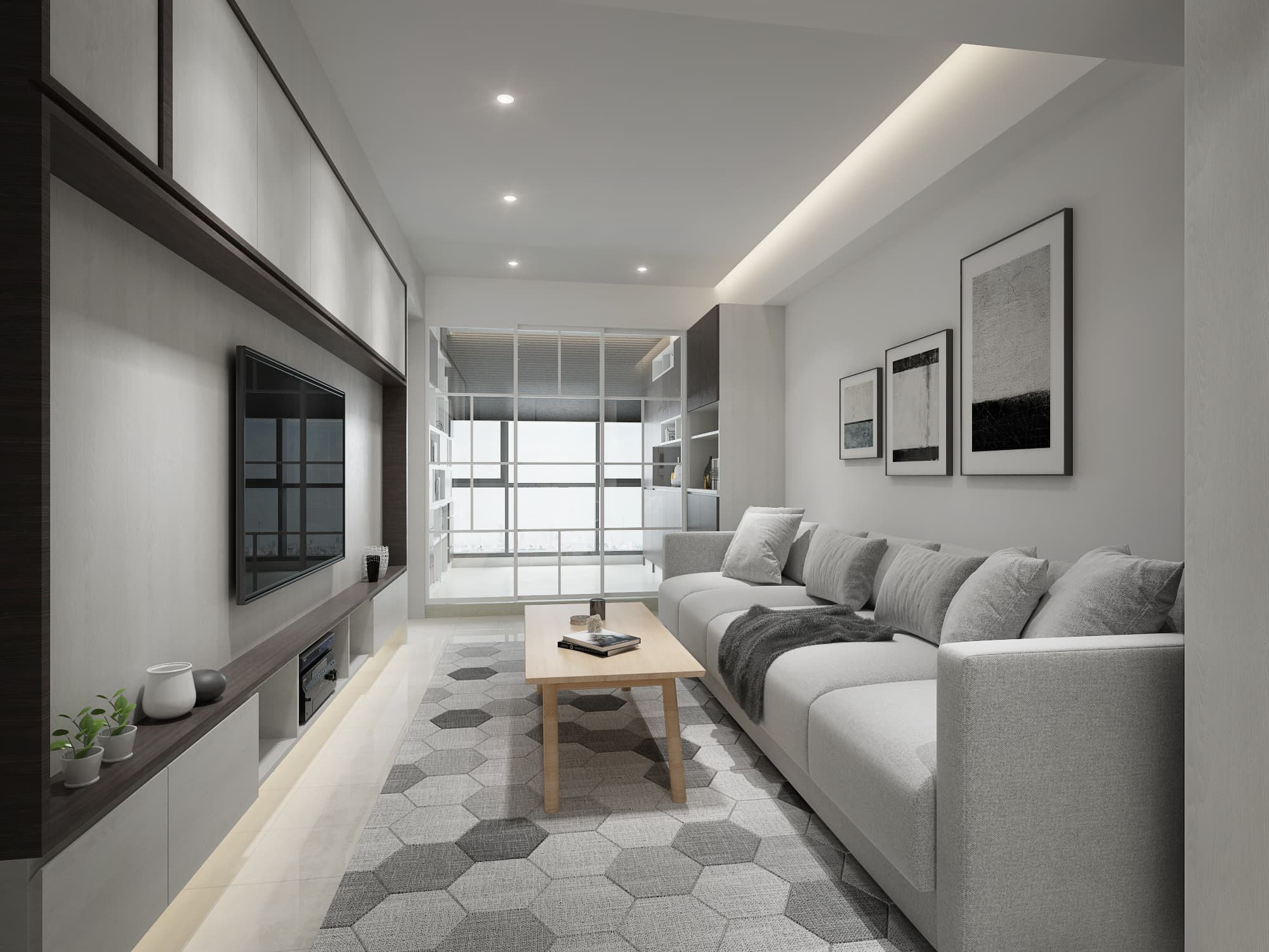 這張客廳的照片是一個現代化的客廳，有一個灰色沙發、一個咖啡桌和一個電視。牆上有一些裝飾畫，地板上鋪著灰色的六角形瓷磚。