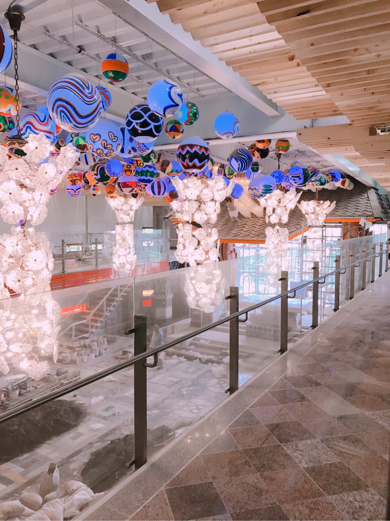 1) 這是一張室內照片，照片中有很多彩色的燈籠，燈籠的形狀像氣球，顏色主要是藍色、白色和紅色