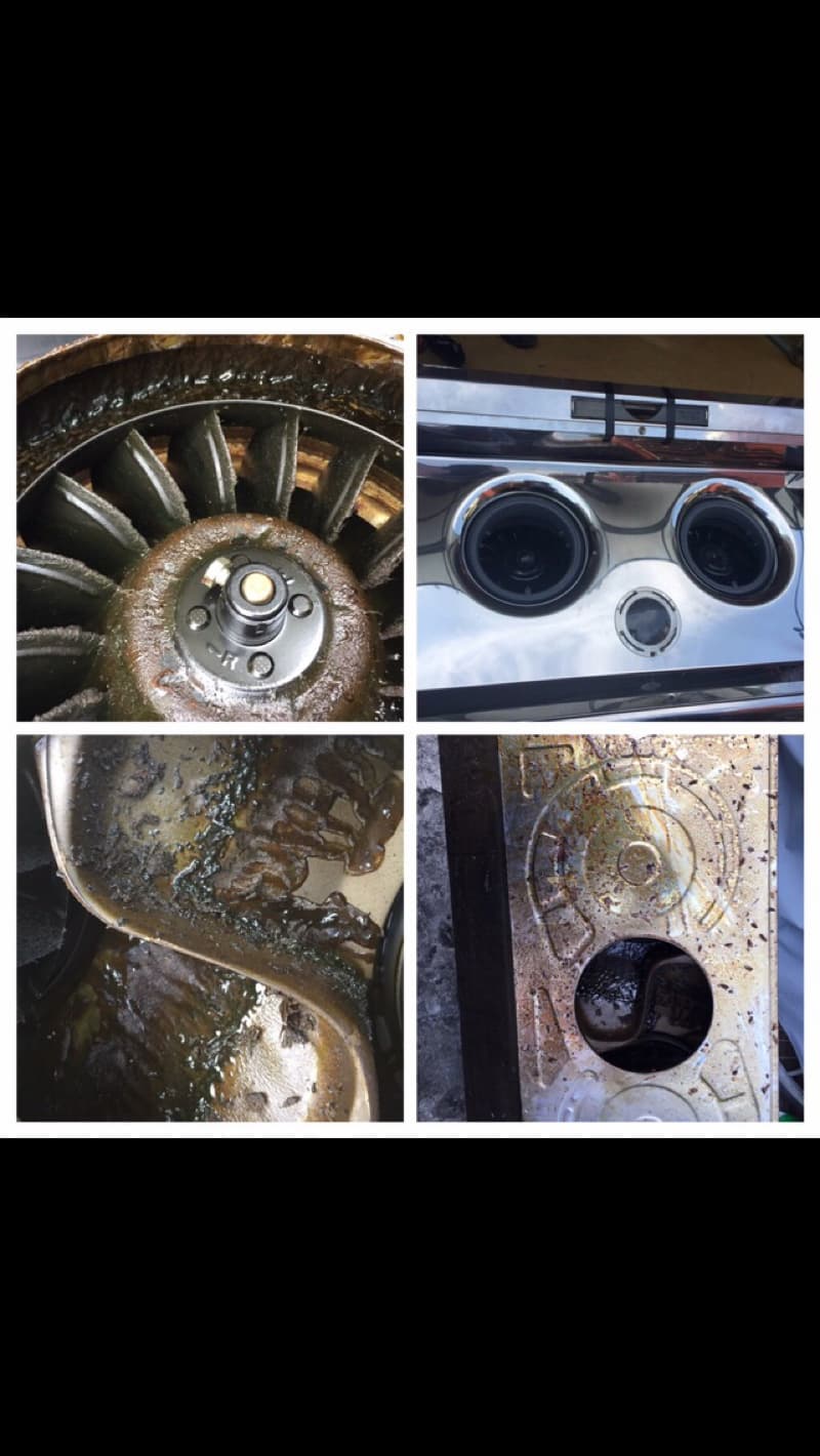 這張照片是四張不同角度的圖片，顯示了一個機器內部的零件，這些零件表面都有著大量的鏽蝕，表明這個機器可能已經老舊，需要維修。