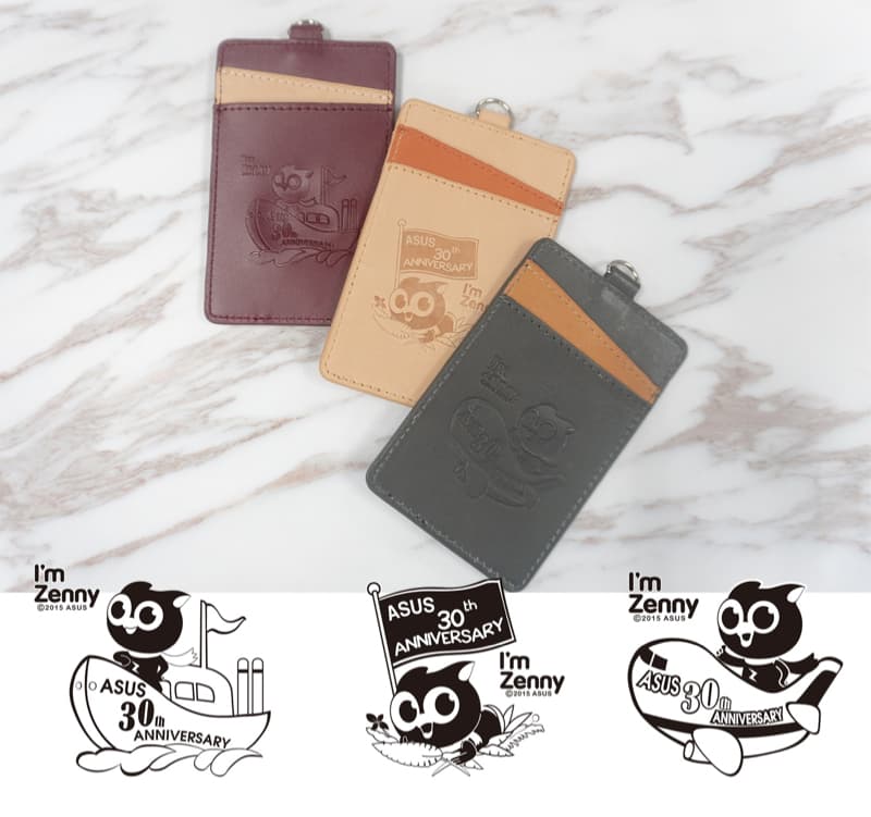 這張照片是三張皮革吊牌，每張吊牌上都印有華碩30週年紀唸的可愛卡通圖案。