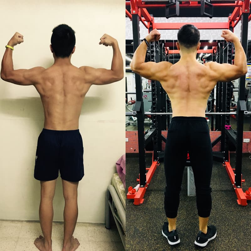 這張照片是一名男子在鍛鍊前後的對比照片，他顯著地增加了肌肉，這展示了努力鍛鍊的成果。