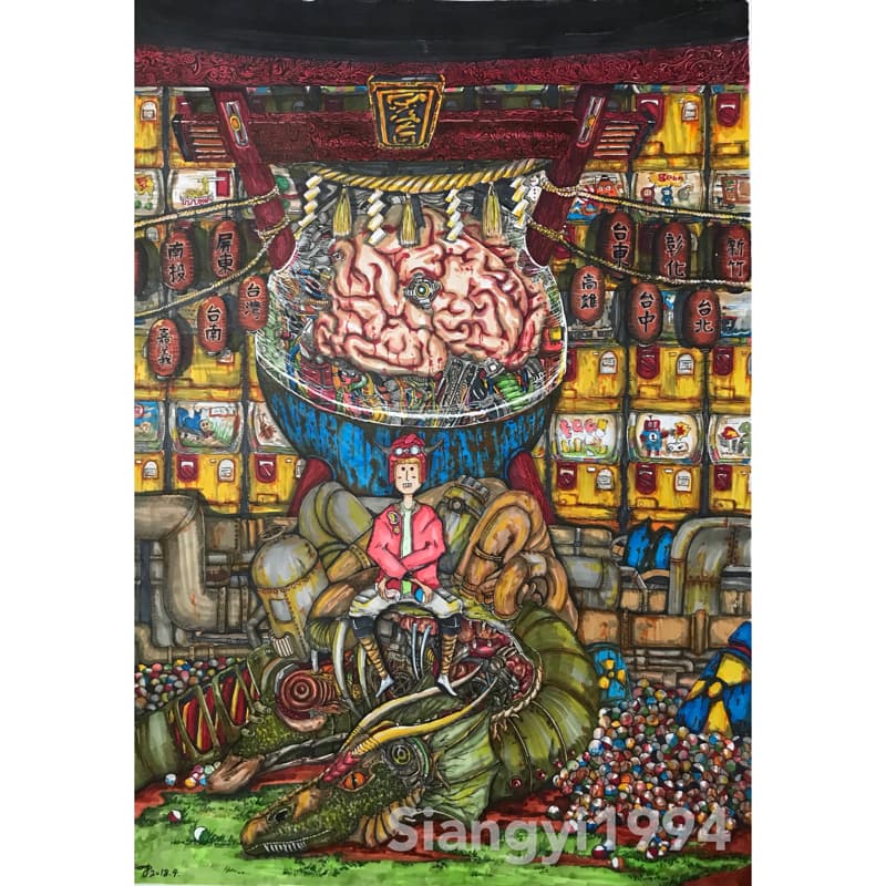 這張照片是一個充滿奇幻色彩的藝術作品，其中最引人注目的部分是一個巨大的機械腦袋，被放置在一個充滿著機械裝置的房間裡。