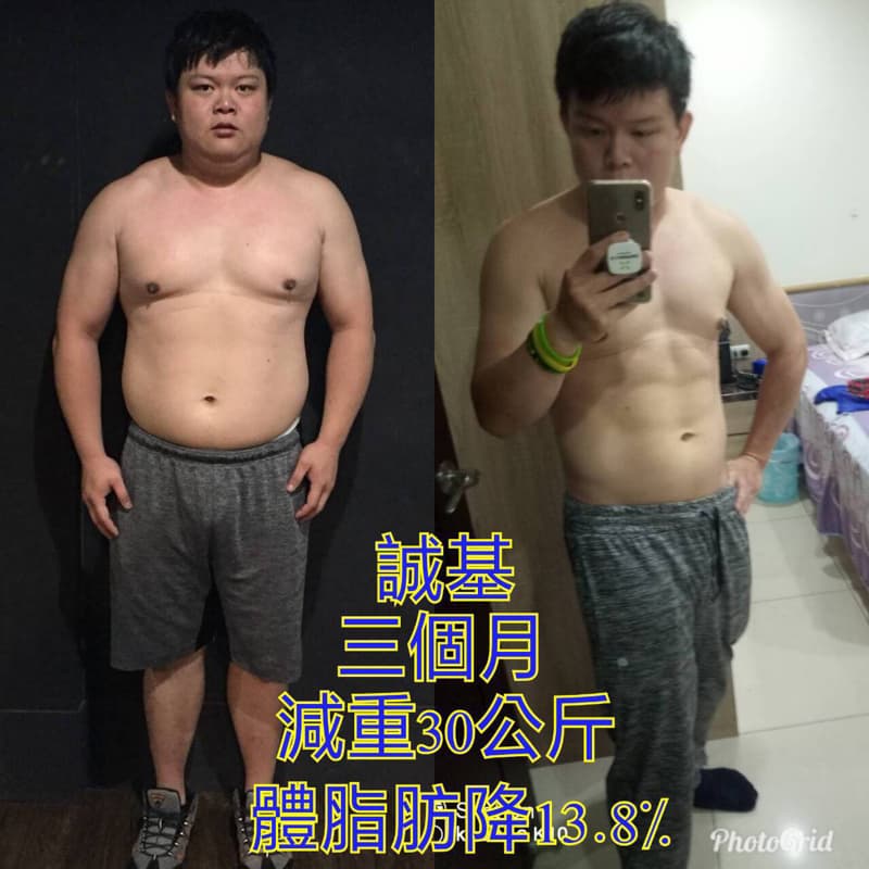 這張照片是一張前後對比照片，展示了同一個人減肥前後的體型變化。照片中，左側是減肥前，右側是減肥後，顯示出他成功減掉了很多體重，體型明顯變瘦了。