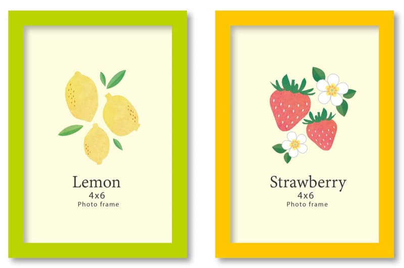 這張照片是兩個相框，左邊的相框裡是檸檬，右邊的相框裡是草莓。