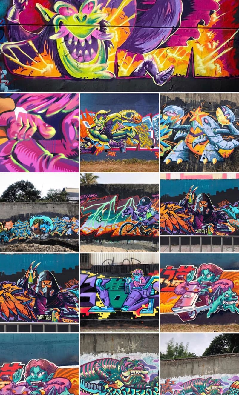 這張「塗鴉」的照片是許多在牆壁上的藝術作品，每個都呈現不同的風格和顏色。