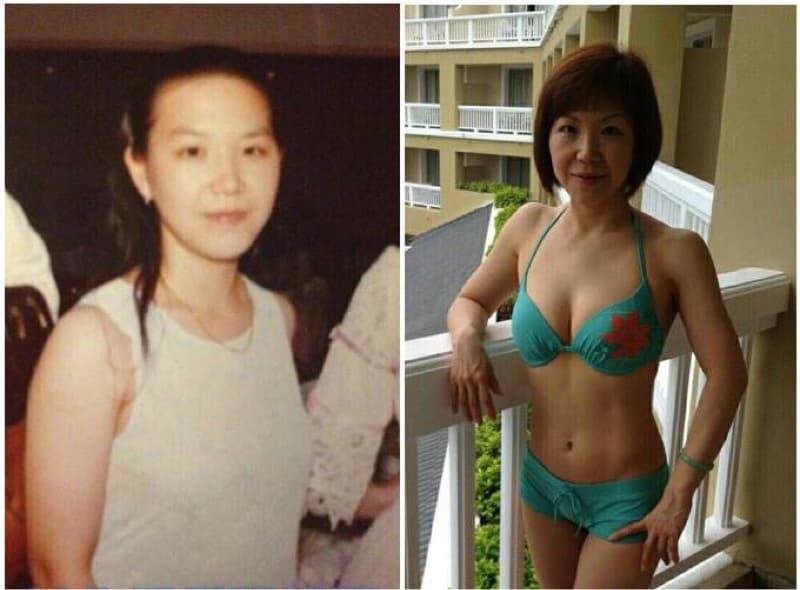 這張照片是一個女人的對比照，左側是年輕的她，右側是她現在的模樣，可以看出她從年輕到現在，維持良好的身材。