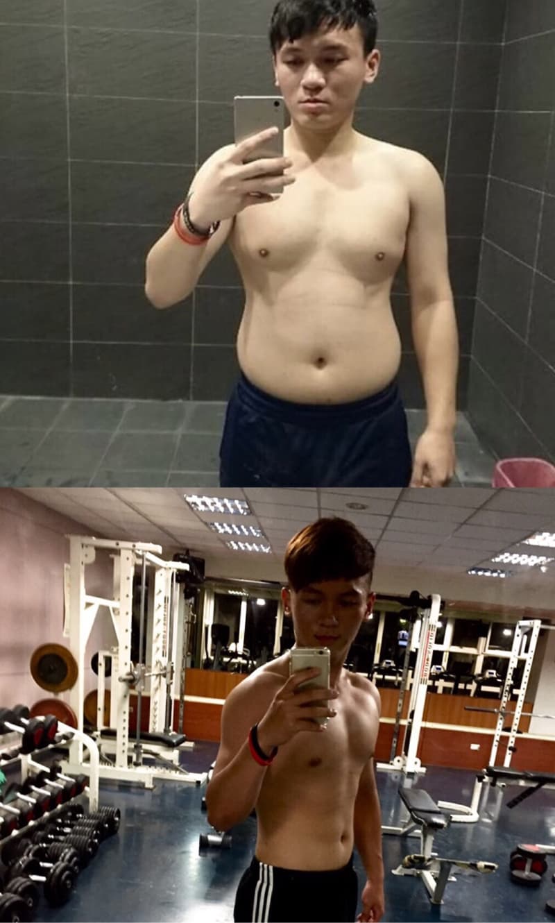 這張照片是一個年輕人在健身房鍛鍊前後的對比圖，主要展示了他的身材變化，他通過鍛鍊變得更加健壯，體態也更加挺拔。