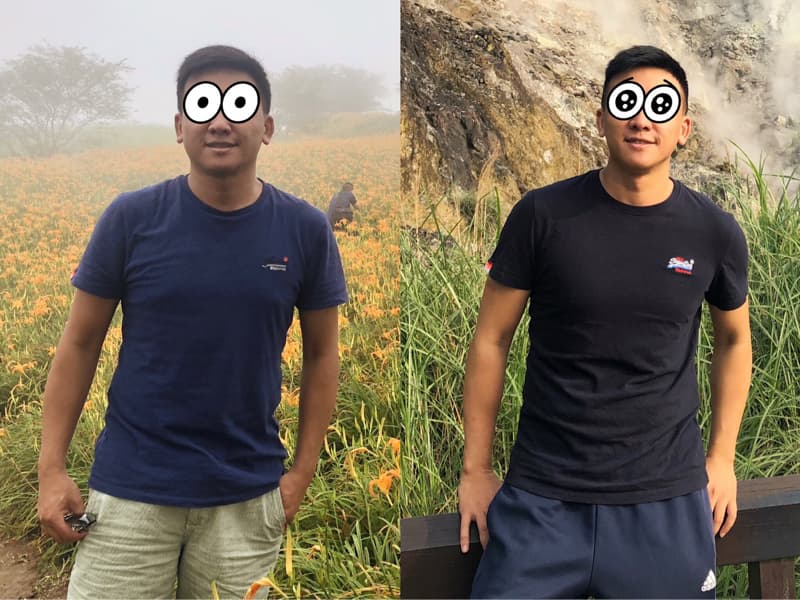 這張照片是一個男人站在戶外，他穿著藍色T恤，看起來很放鬆。