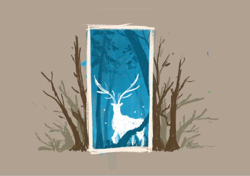 這張照片是一個畫框，裡面是一隻白色的鹿站在一片藍色的森林裡。鹿的角很大，牠看起來很溫和。
