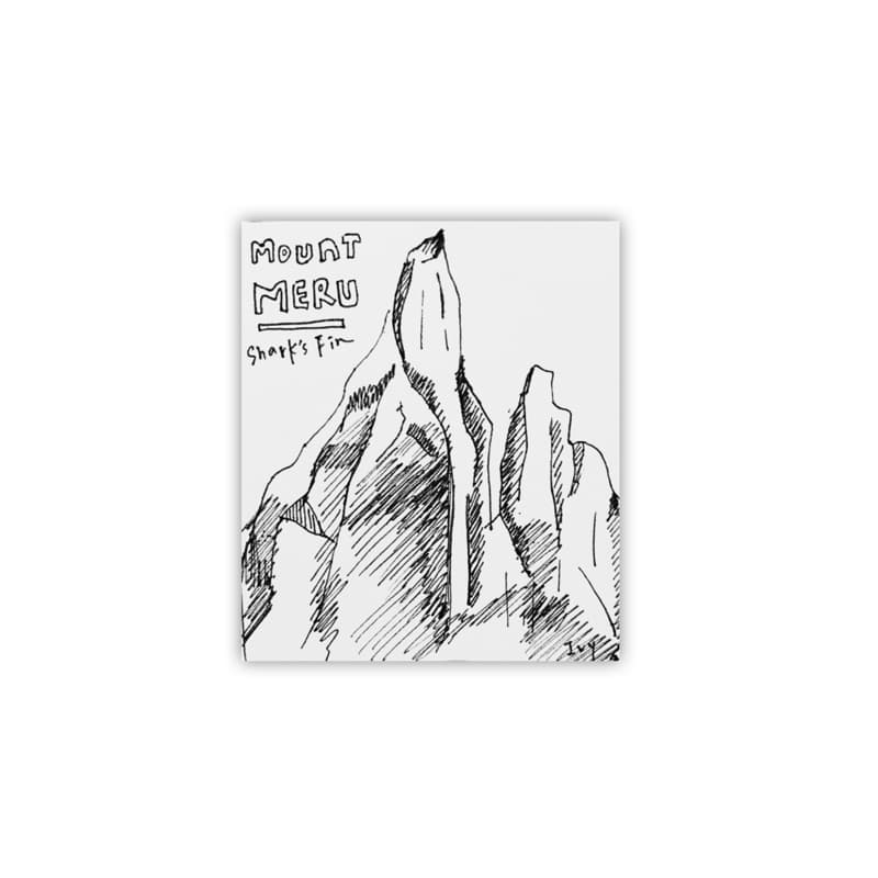 這張照片是一幅梅魯峰的手繪圖，它是一座非常陡峭的山峰，圖中標記着「鯊魚鰭」。