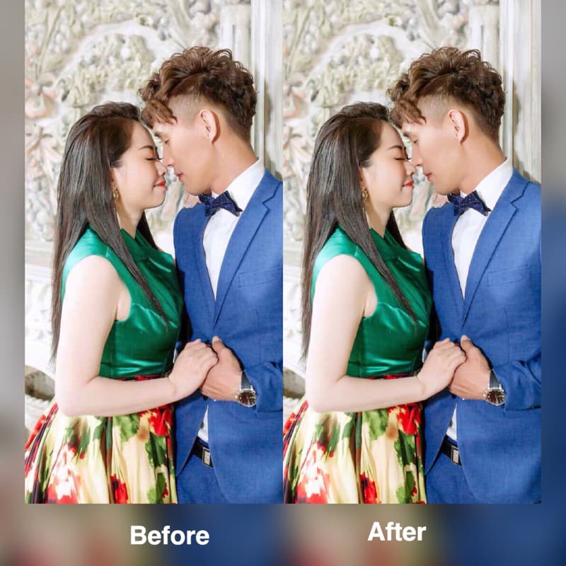 這張「婚紗照」的照片是 一對情侶在室內拍攝的婚紗照，新郎穿著藍色西裝，新娘穿著綠色上衣和花裙。