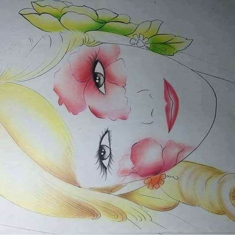 這張照片是一張女人的肖像畫，畫中女人的眼睛周圍有花朵裝飾，看起來非常美麗，充滿了浪漫的氣息。