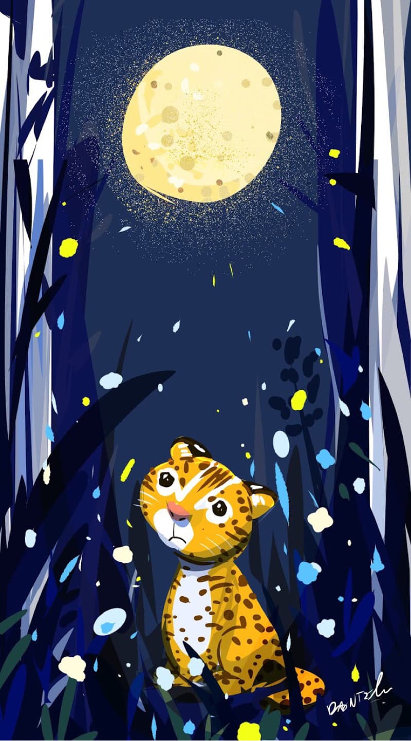 這張照片是一隻可愛的小老虎，它在月光下，仰頭望著天空，看起來很孤單。