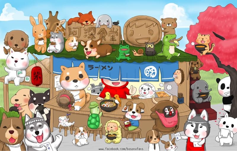 這張照片是一家可愛的動物拉麵店，店裡擠滿了各種可愛的動物，每隻動物都穿著不同的衣服，在店裡享用拉麵或其他食物。