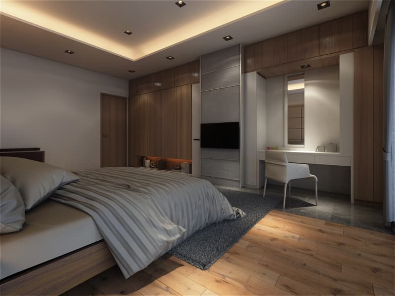 這張照片是一間臥室，臥室裡有一張大床，床頭櫃上放著兩本書籍和一盞檯燈。