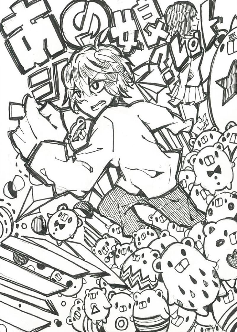 這張照片是一個人物奔跑在很多可愛的小動物中，其中最重要的是人物的表情，他看起來很生氣，像是要跟這些小動物戰鬥一樣。